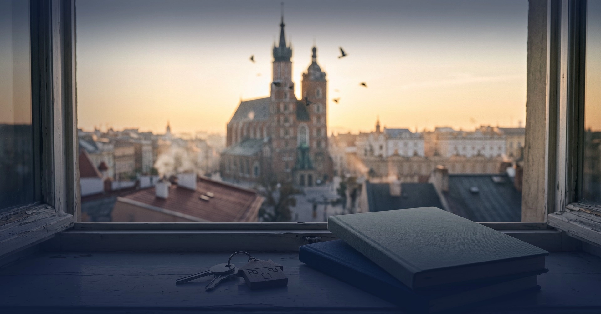 Klucze na parapecie na tle panoramy Krakowa - wrzesień na krakowskim rynku najmu
